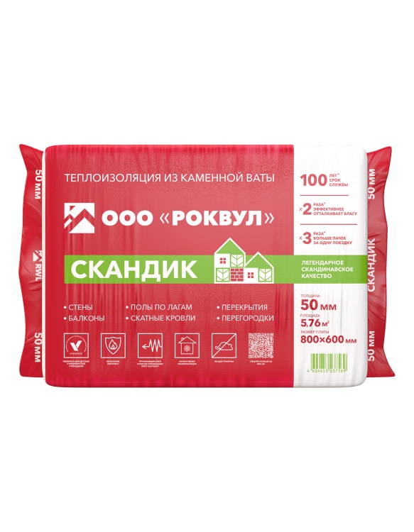 Утеплитель Роквул Лайт Баттс Скандик 800х600х50 мм, 12 шт/уп, 5,76 м²
