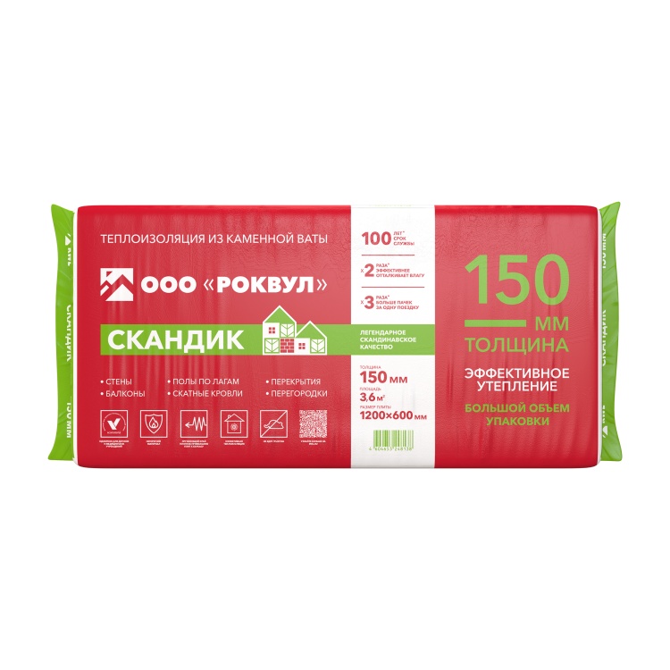 Утеплитель Роквул Лайт Баттс Скандик 1200х600х150 мм, 5 шт/уп, 3,6 м²