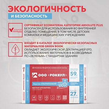 Шумоизоляция Роквул Акустик Баттс Ультратонкий для стен, перегородок и потолка, 1000х600х27 мм, 12 шт/уп, 7,2 м²